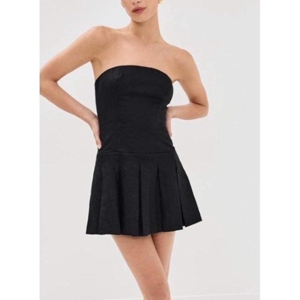Reformation Isabell Linen Dress Black Strapless Pleated Mini Size 8 NWT